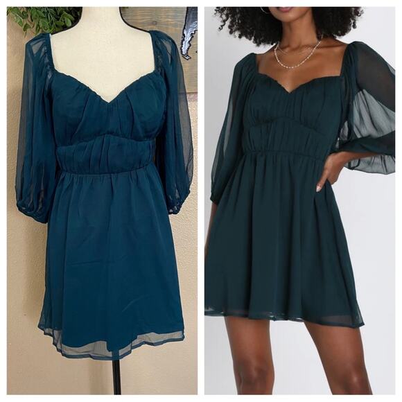 NWOT Lulus Vivacious Arrival Emerald Chiffon Balloon Sleeve Mini Dress - Picture 1 of 12